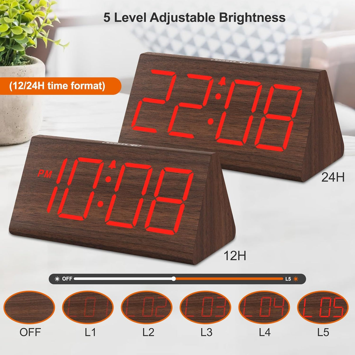 Reloj Despertador Digital de Madera, DreamSky con USB Snooze