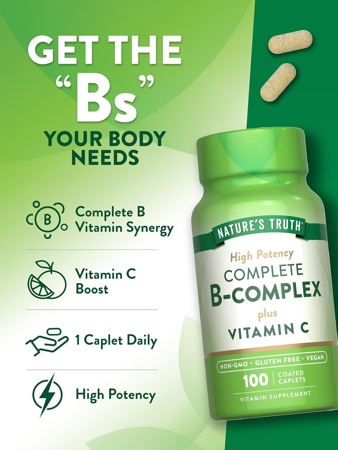 Complejo B + Vitamina C Nature's Truth | 100 Tabletas Veganas