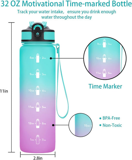 EYQ - Botella de agua con marcador de tiempo, 1 lt, correa para transporte, a prueba de fugas, Tritan sin BPA, para asegurar que bebes suficiente agua al hacer ejercicio, gimnasio, acampar y deportes