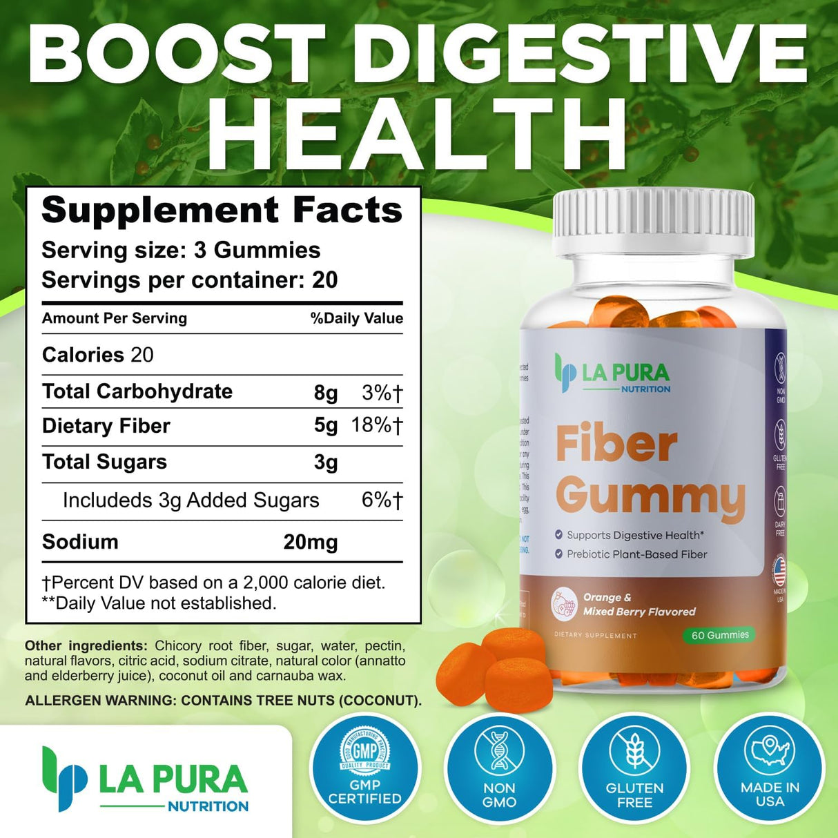 Suplementos de fibra de raíz de achicoria prebiótica de 0.18 onzas, 60 gomitas – Apoya la salud digestiva, mezcla de fibra prebiótica a base de plantas – Sabor naranja y bayas mixtas – Sin OMG, sin
