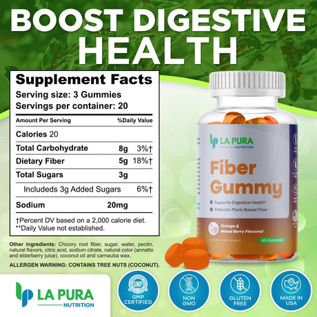 Suplementos de fibra de raíz de achicoria prebiótica de 0.18 onzas, 60 gomitas – Apoya la salud digestiva, mezcla de fibra prebiótica a base de plantas – Sabor naranja y bayas mixtas – Sin OMG, sin