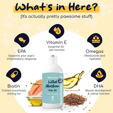 Aceite de salmón salvaje de Alaska para perros con aceite de abadejo, 8 onzas de aceite de abadejo y salmón, aceite de pescado Omega 3, EPA y DHA, suplemento para piel y pelaje de perros, fabricado en