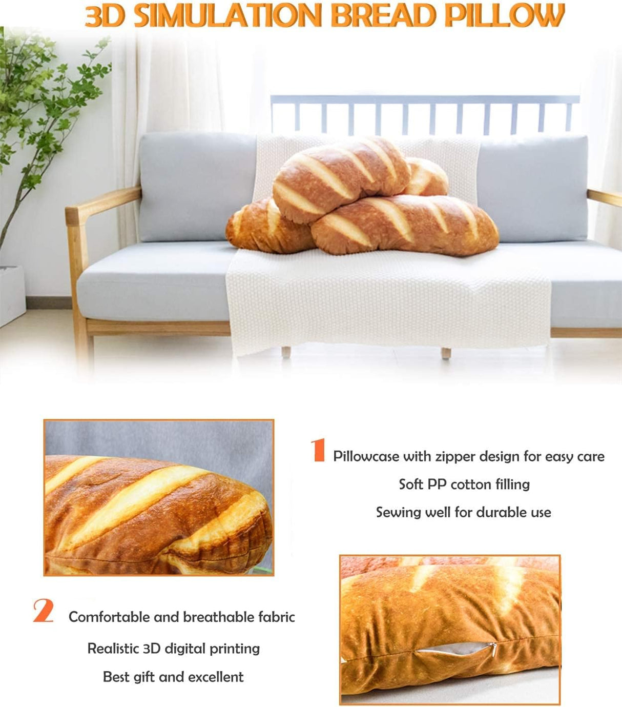 Peluche de simulación 3D en forma de pan de 40 pulgadas