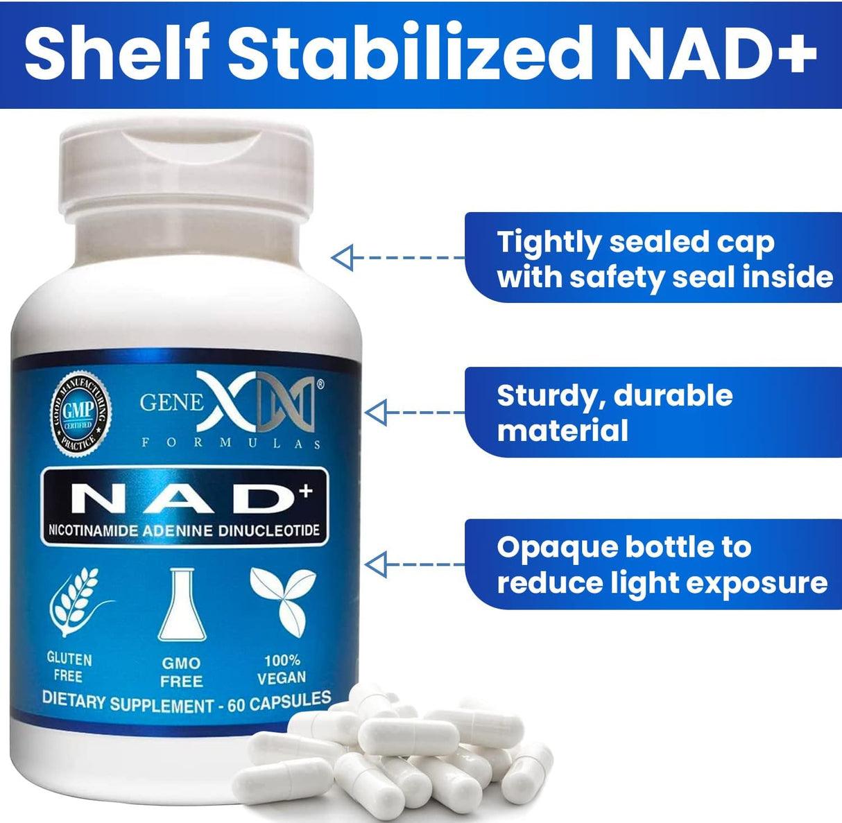 Suplementos NAD+ 250 mg porción 60 cápsulas de nicotinamida
