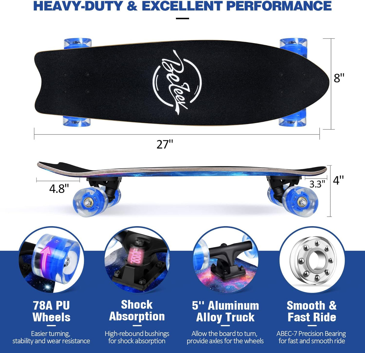 Patineta Completa 27 x 8 pulgadas, 7 capas de arce canadiense