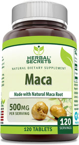 Suplemento de Maca Herbal Secrets 500 mg, 120 tabletas, sin gluten