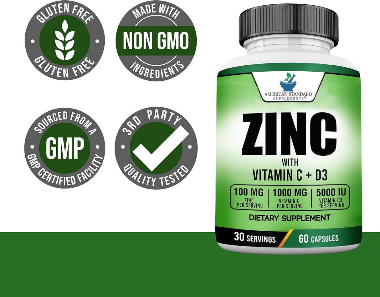 Suplemento de Zinc, Vitamina C y D3 American Standard 60 cápsulas