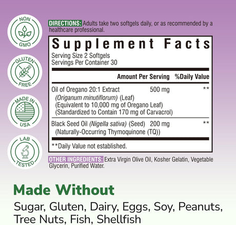 Aceite de Orégano 10000mg con Semilla Negra, 60 cápsulas