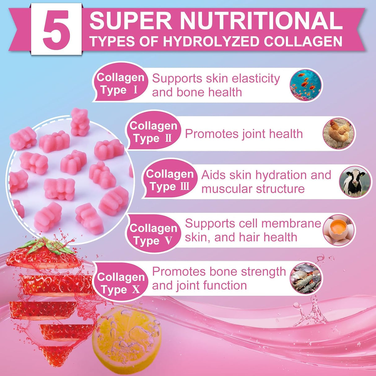 Multi Collagen Gummies, Colágeno Hidrolizado con Biotina, 60u