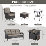 Belord Juego de muebles de patio al aire libre con mesa para fogata de propano, juego de conversación de mimbre de 7 piezas con 2 sillas giratorias mecedoras deslizantes, sofá de ratán, cojín gris,