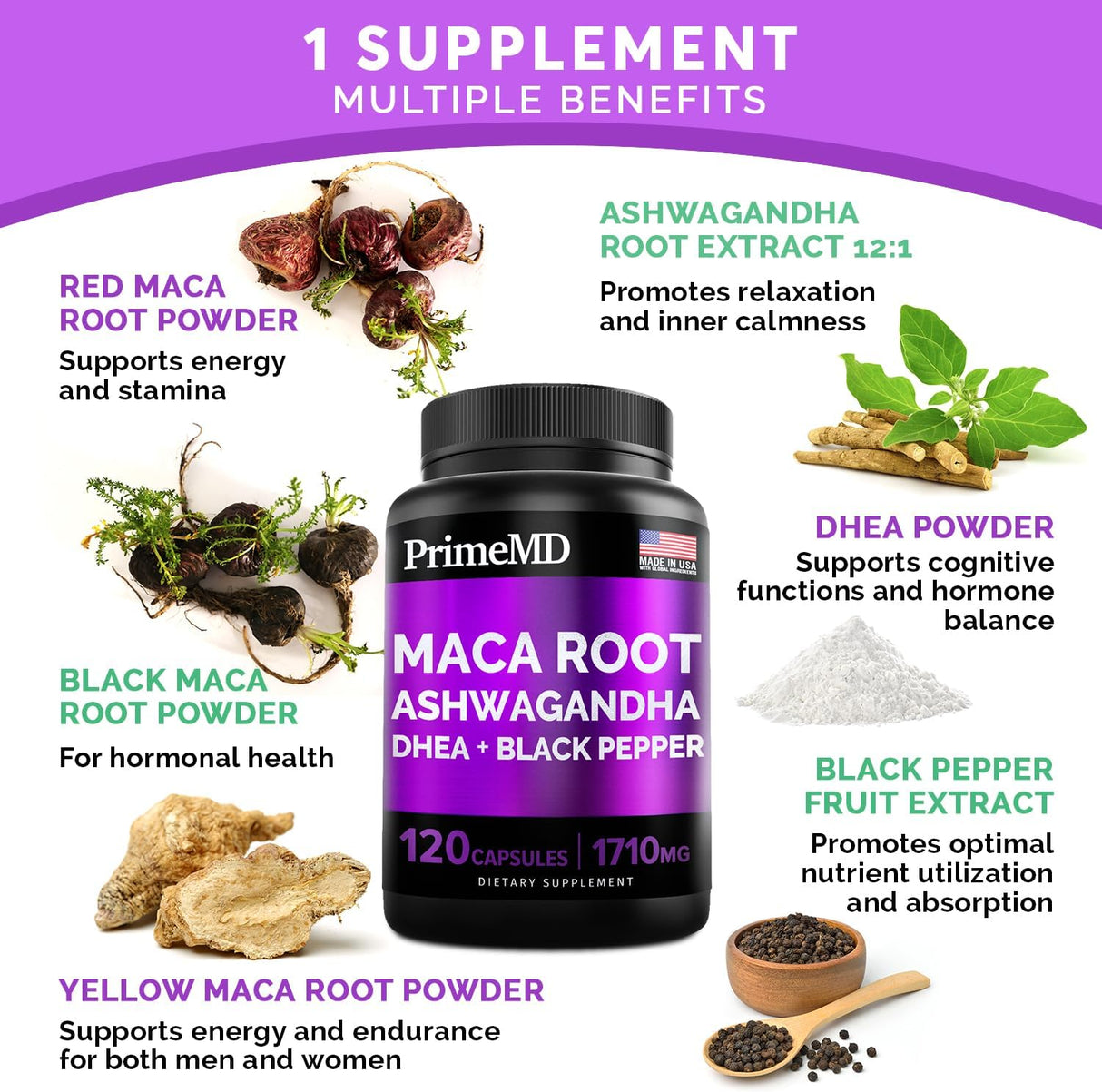 Cápsulas de Maca Orgánica y Ashwagandha - 1710mg - 120 Cápsulas