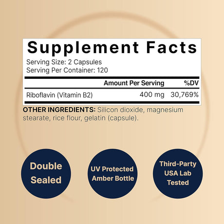 Suplemento Vitamina B2 Riboflavina 400 mg por  240 cápsulas