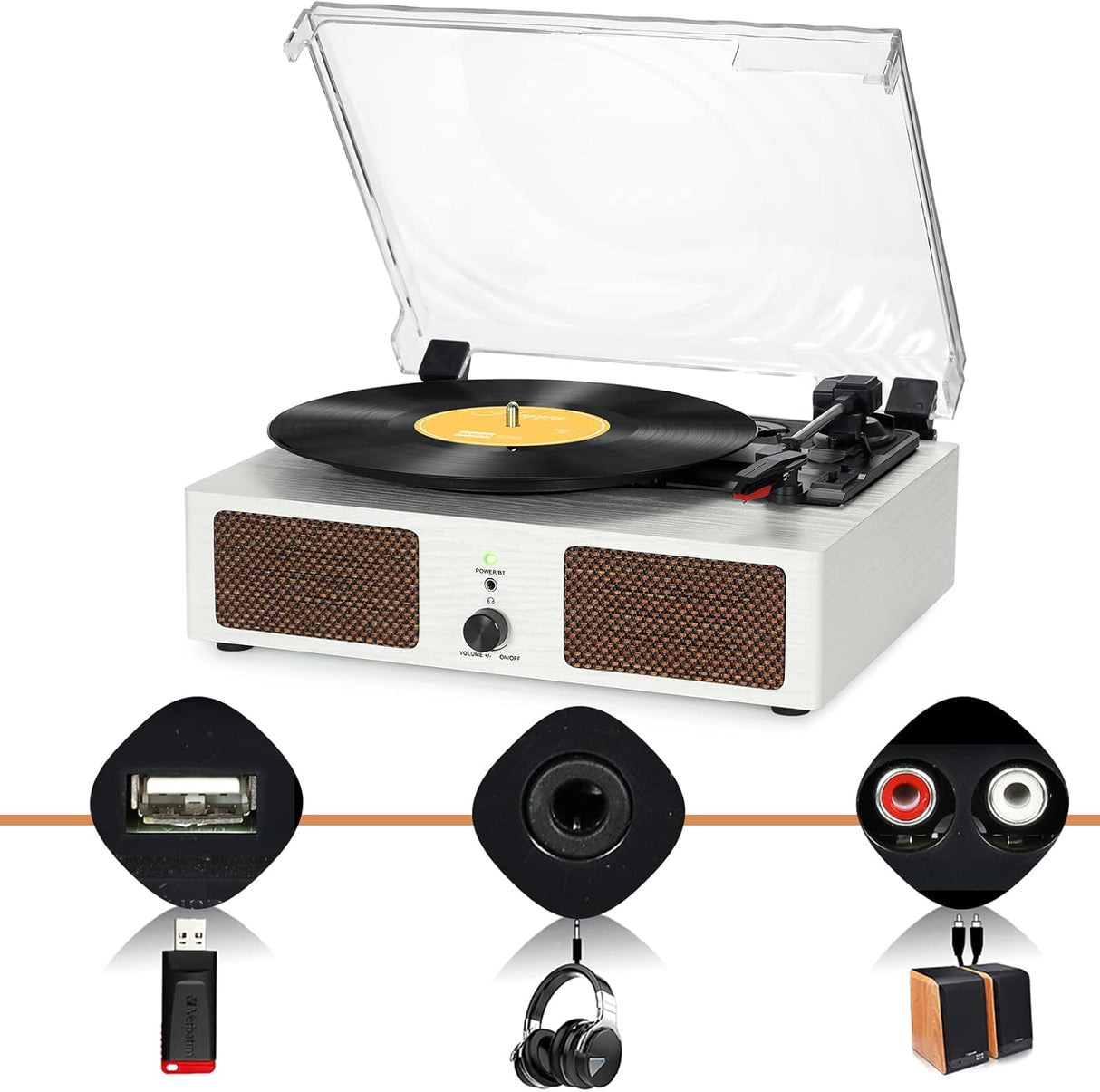 Reproductor de Vinilo Portátil con Bluetooth, Altavoces Integrados