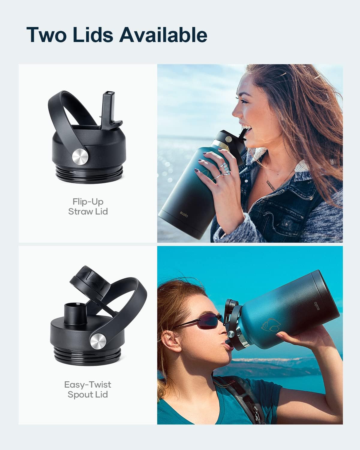 Botella de Agua de 64oz, BUZIO, Aislada, Con Paja y Funda