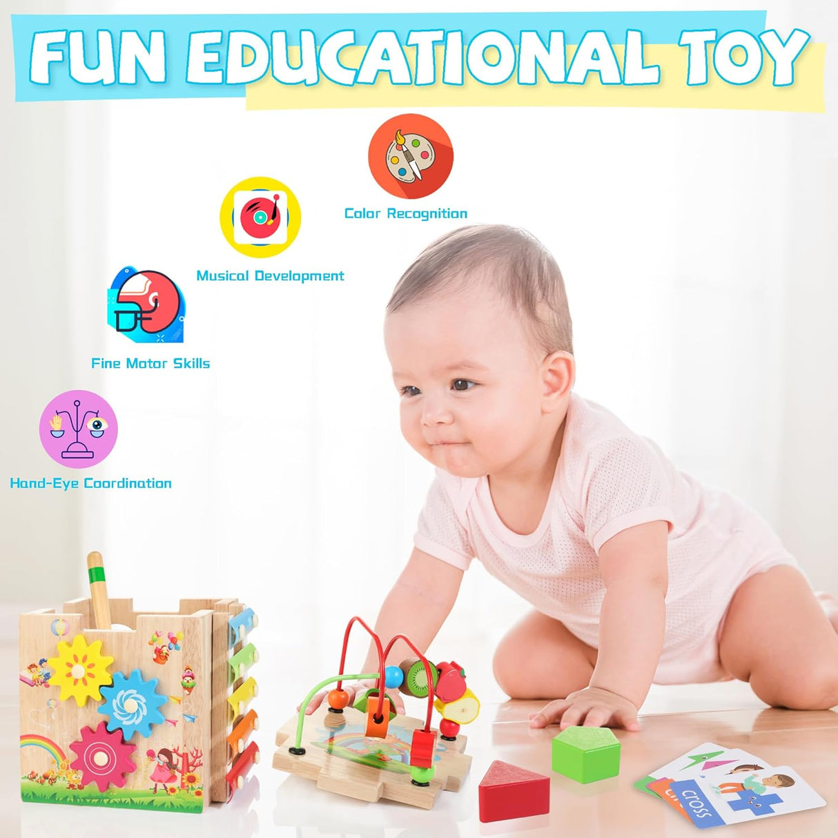 Cubo de Actividades de Madera Bravmate, 8 en 1, para 18M+