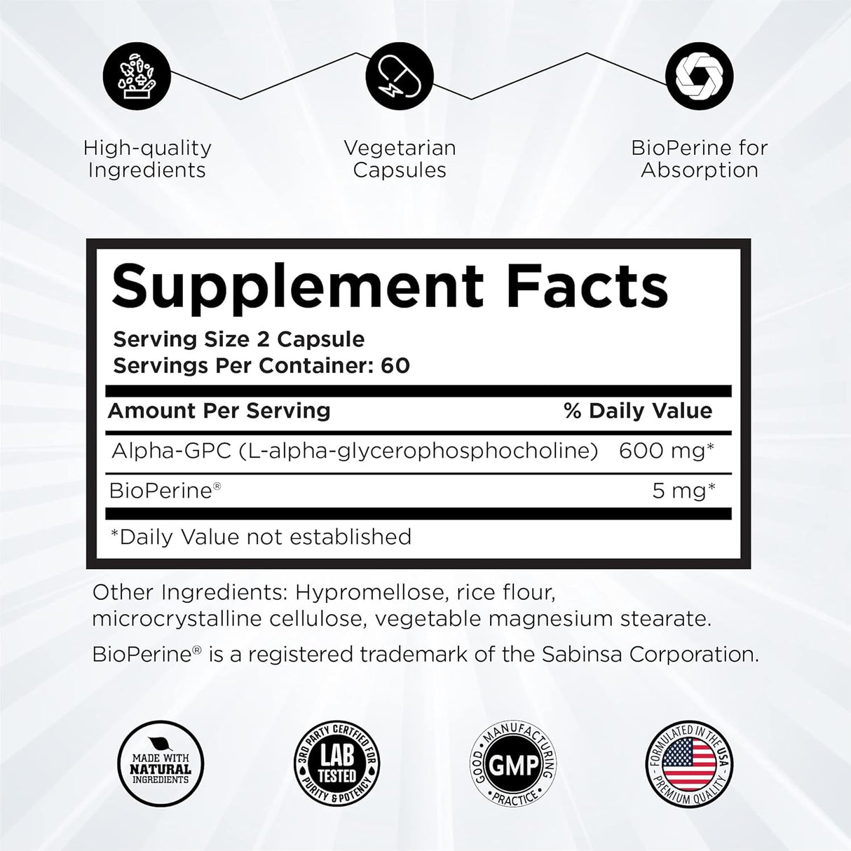 Suplemento Alpha GPC + BioPerine, 600mg, Nootrópico para Memoria