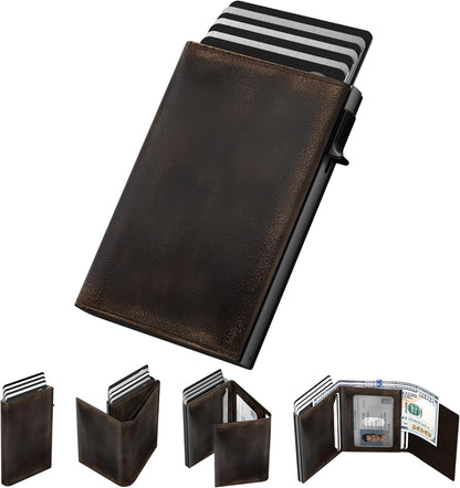 Billetera Mens Wallet: Caso de Aluminio, Cuero, RFID, Slim, Modelo Pop Up