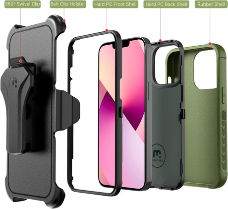 MYBAT Pro - Funda a prueba de golpes para iPhone 13 con funda de clip para cinturón y vidrio templado, 6.1 pulgadas, funda protectora contra caídas de grado militar resistente con soporte giratorio de 360°, color verde