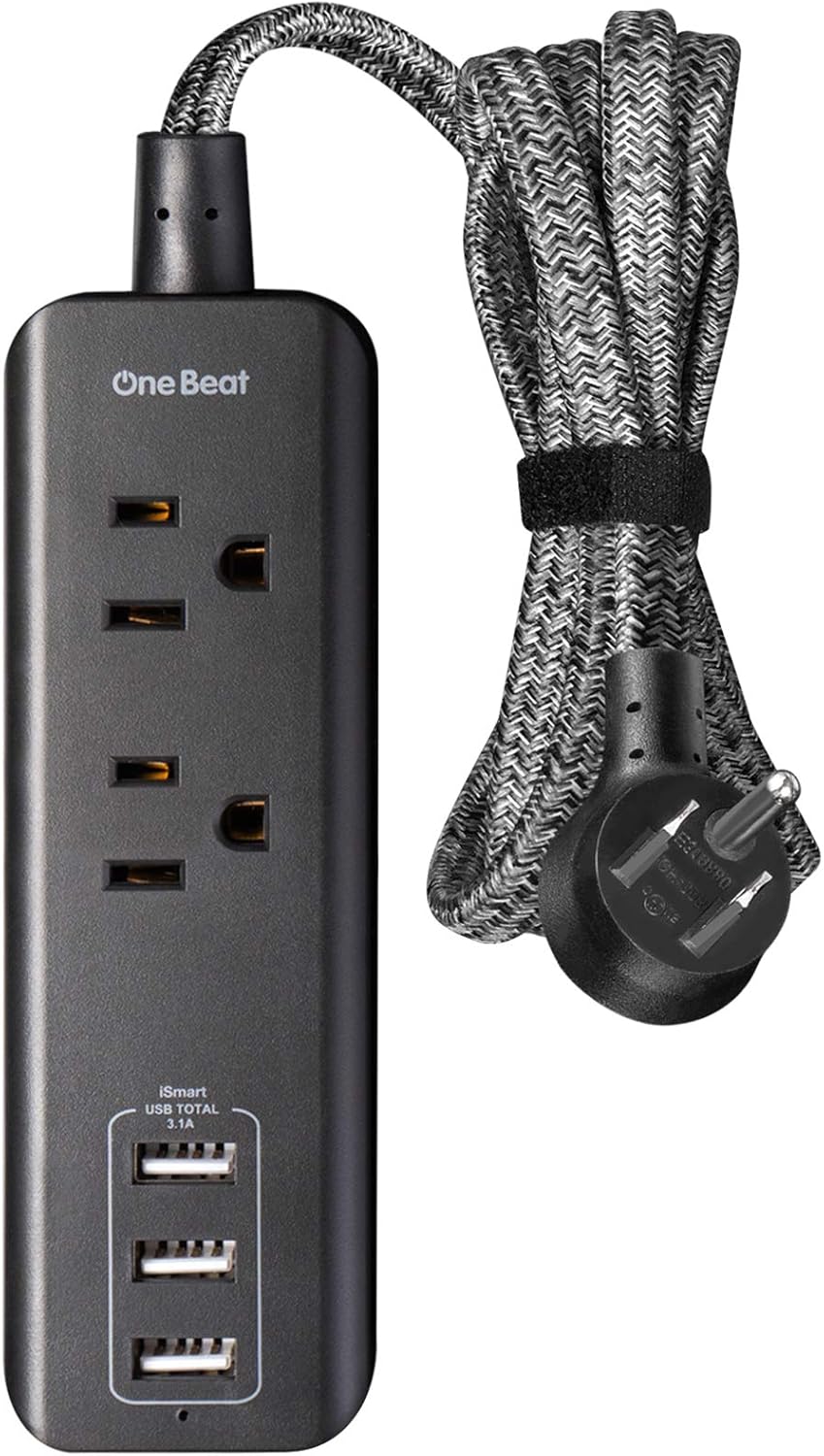 Caja de enchufes de viaje con 3 puertos USB de carga (3,1 A, 15 W) y 2 tomacorrientes, estación de carga de escritorio con cable de extensión trenzado de 5 pies, enchufe plano, portátil para hotel, crucero, hogar y oficina