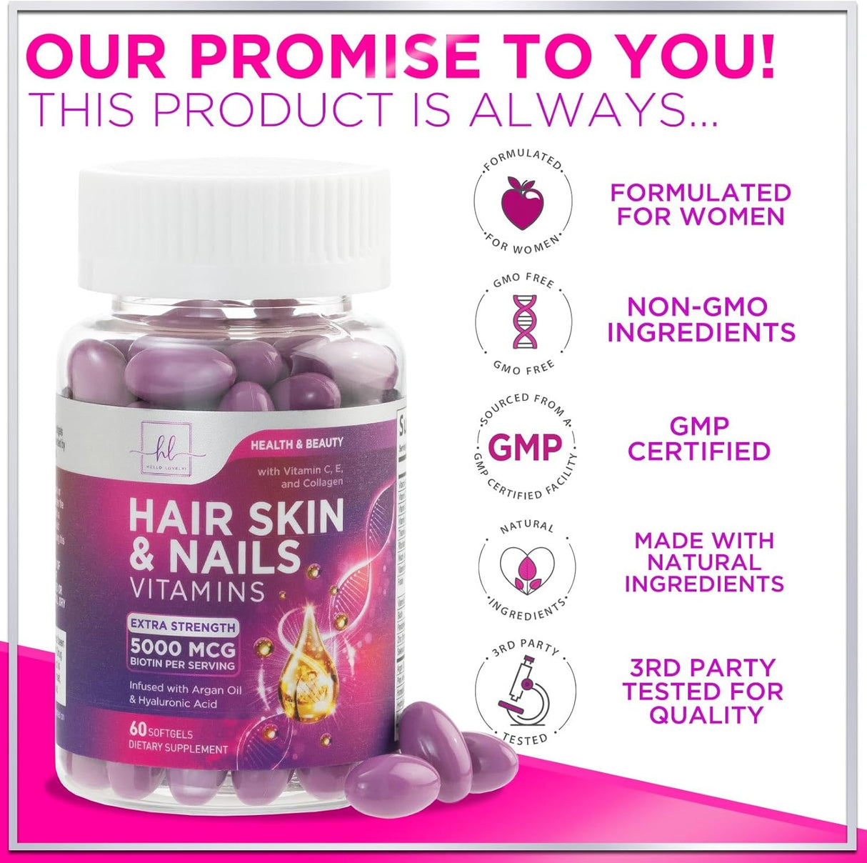 Vitaminas para cabello, piel y uñas - Biotina 5000mcg, 60 cápsulas