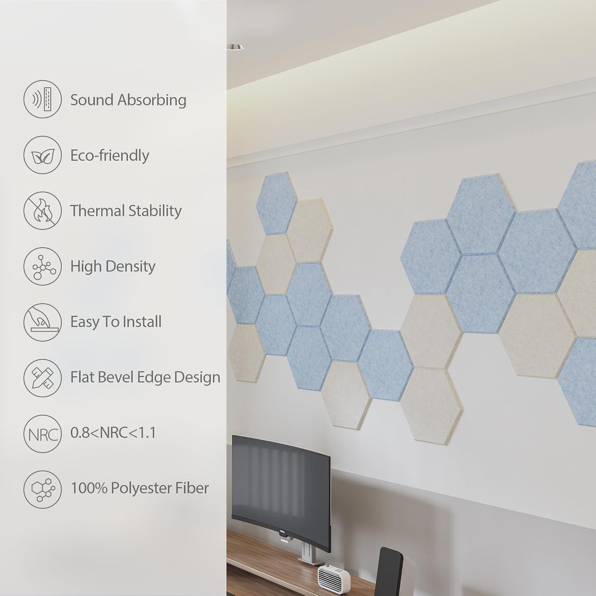 Paneles Acústicos Adhesivos, Alta Densidad, 12 Hexagonales