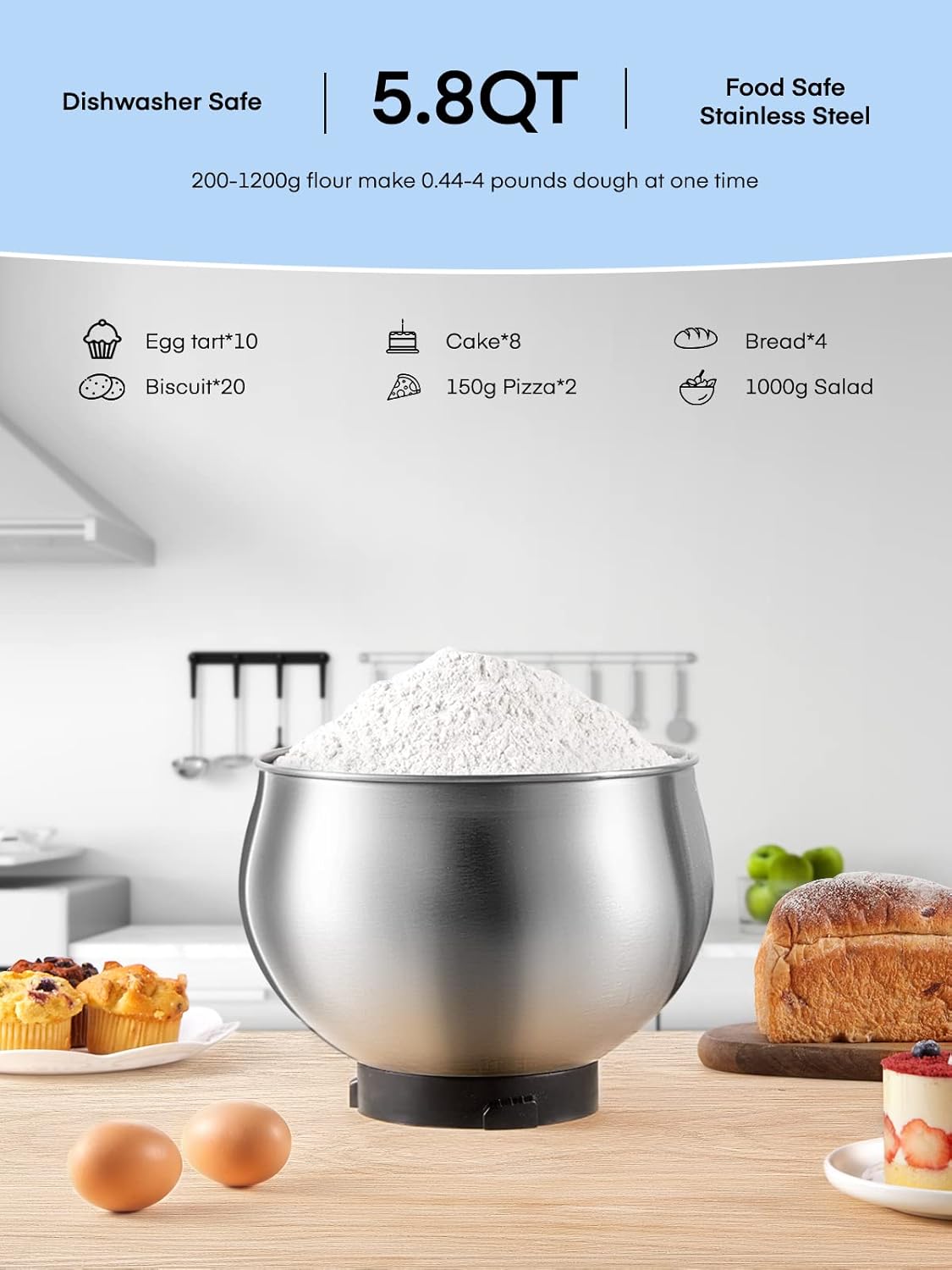 Batidora de Pie FOHERE 5.8QT, Acero Inoxidable, 6 Velocidades