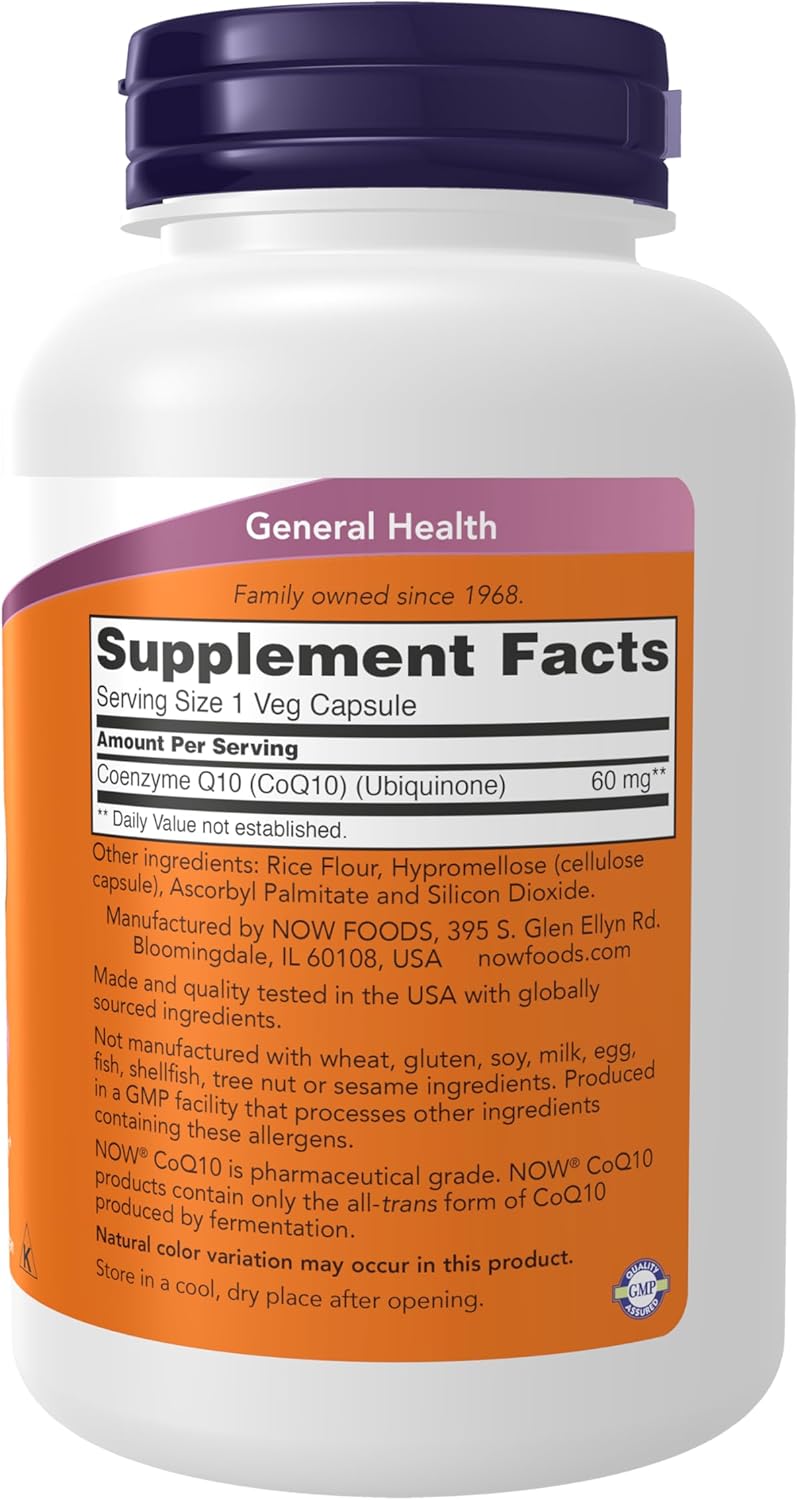 Suplemento CoQ10 60 mg NOW, Grado Farmacéutico, 180 Cápsulas