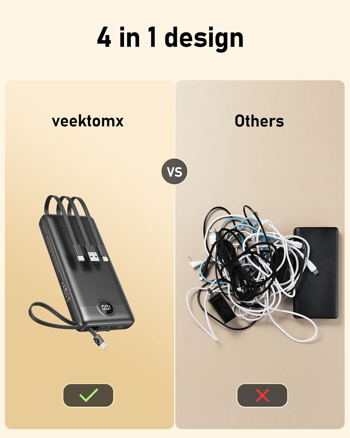 Cargador de energía con cables integrados y pantalla LED