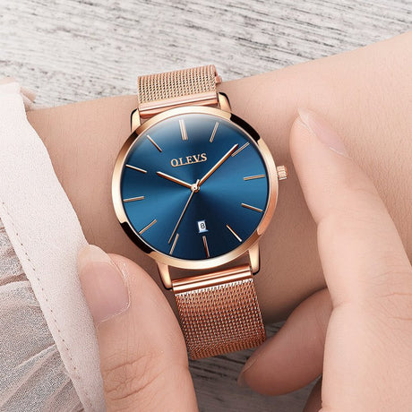 Reloj ultra delgado para mujer Esfera azul de cuarzo Oro