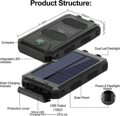 Cargador Solar Portátil 38800mAh, Impermeable, Dual USB, LED