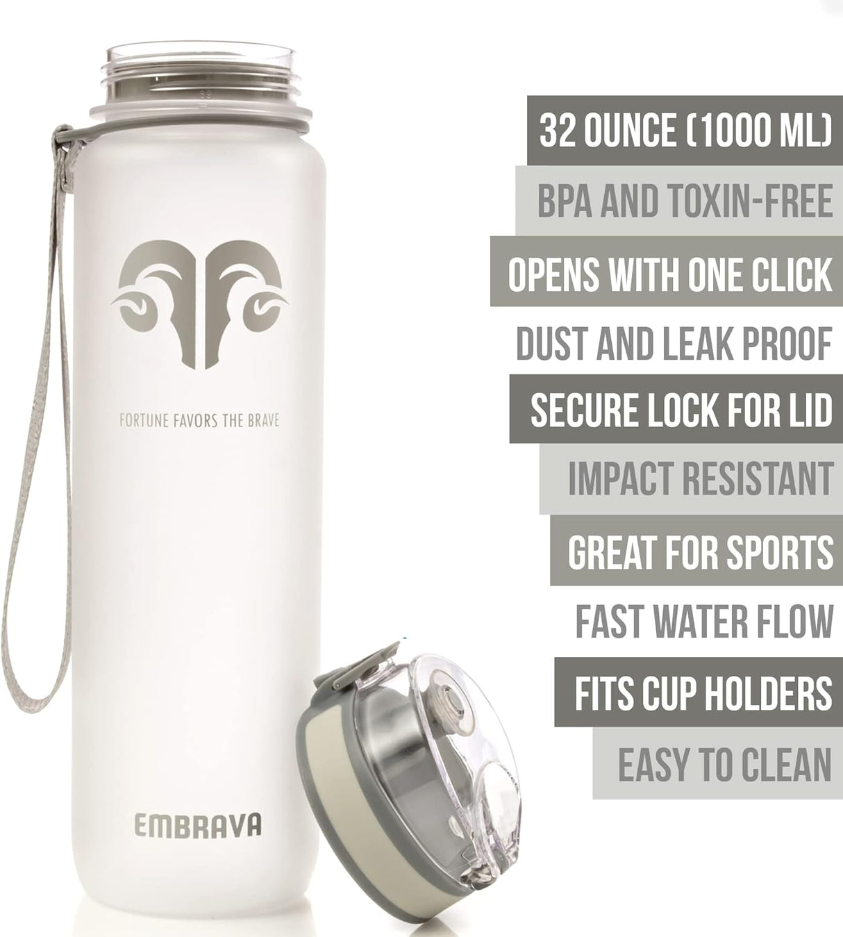 Embrava Best Sports Water Bottle - Botella de agua grande de 32 onzas, flujo rápido, tapa abatible a prueba de fugas con apertura de un clic, plástico no tóxico, sin BPA y ecológico, para hombres y mujeres