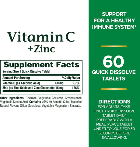 Vitamin C + Zinc by Nature's Bounty, Suplemento Inmune, 60 mg, 60 Tabletas