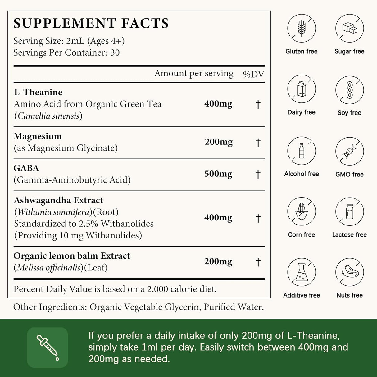 L Theanine 400mg Líquido, GABA, Magnesio, Ashwagandha, Vegano