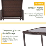 SUNCROWN Juego de 3 piezas para exteriores, muebles de mimbre negro, sillas de porche, juegos de conversación con mesa de café de cristal, azul oscuro