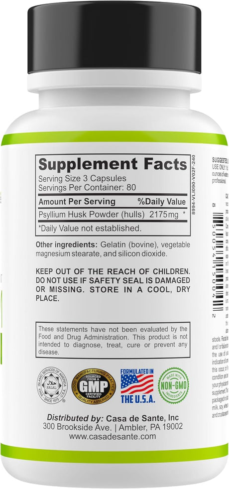 Suplemento de fibra Psyllium Caps, Non GMO, Bajo en FODMAP