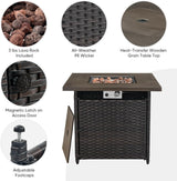 Belord Juego de muebles de mimbre de patio de 5 piezas, 4 sillas giratorias para exteriores con mesa para fogata de propano, juego de conversación cálido para patio, cojín azul, perfecto para
