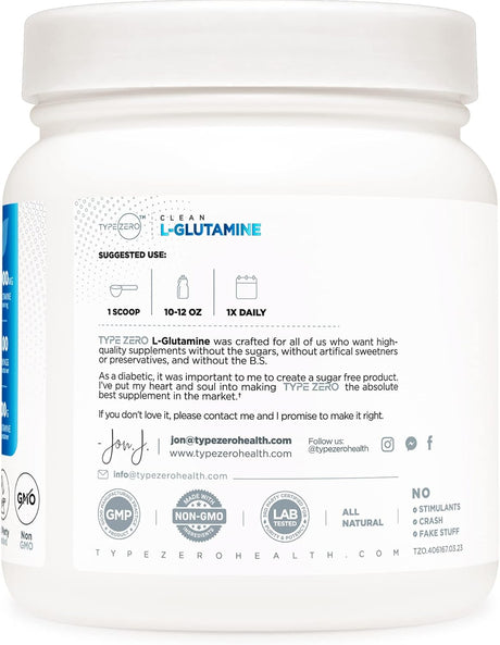 Suplemento L-Glutamina en polvo Type Zero 500g, vegano y puro