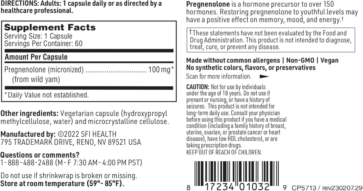 Pregnenolona Klaire Labs 100mg, Apoyo Memoria y Energía