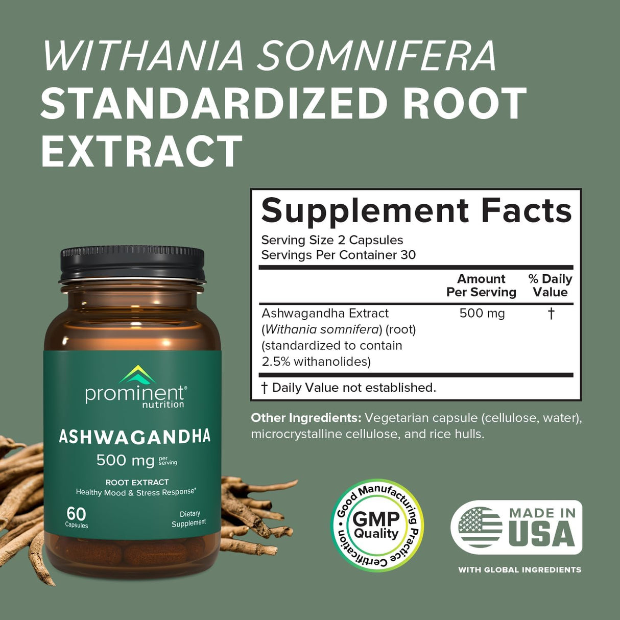 Suplemento de Ashwagandha Prominent - 500 mg, 60 cápsulas veganas