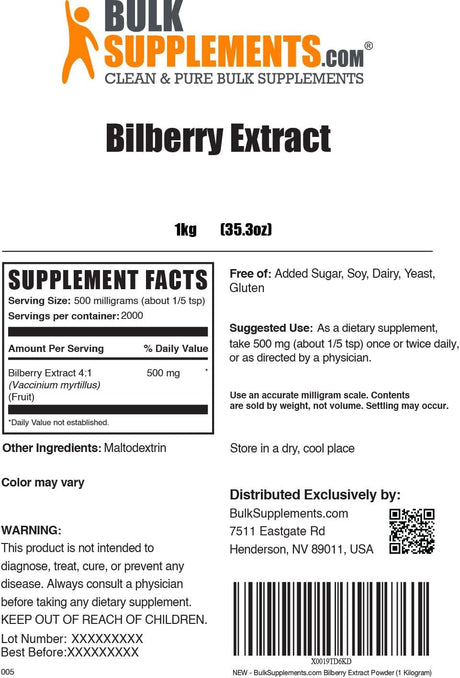 Suplemento Extracto de Arándano para Ojos, Sin Gluten, 500mg