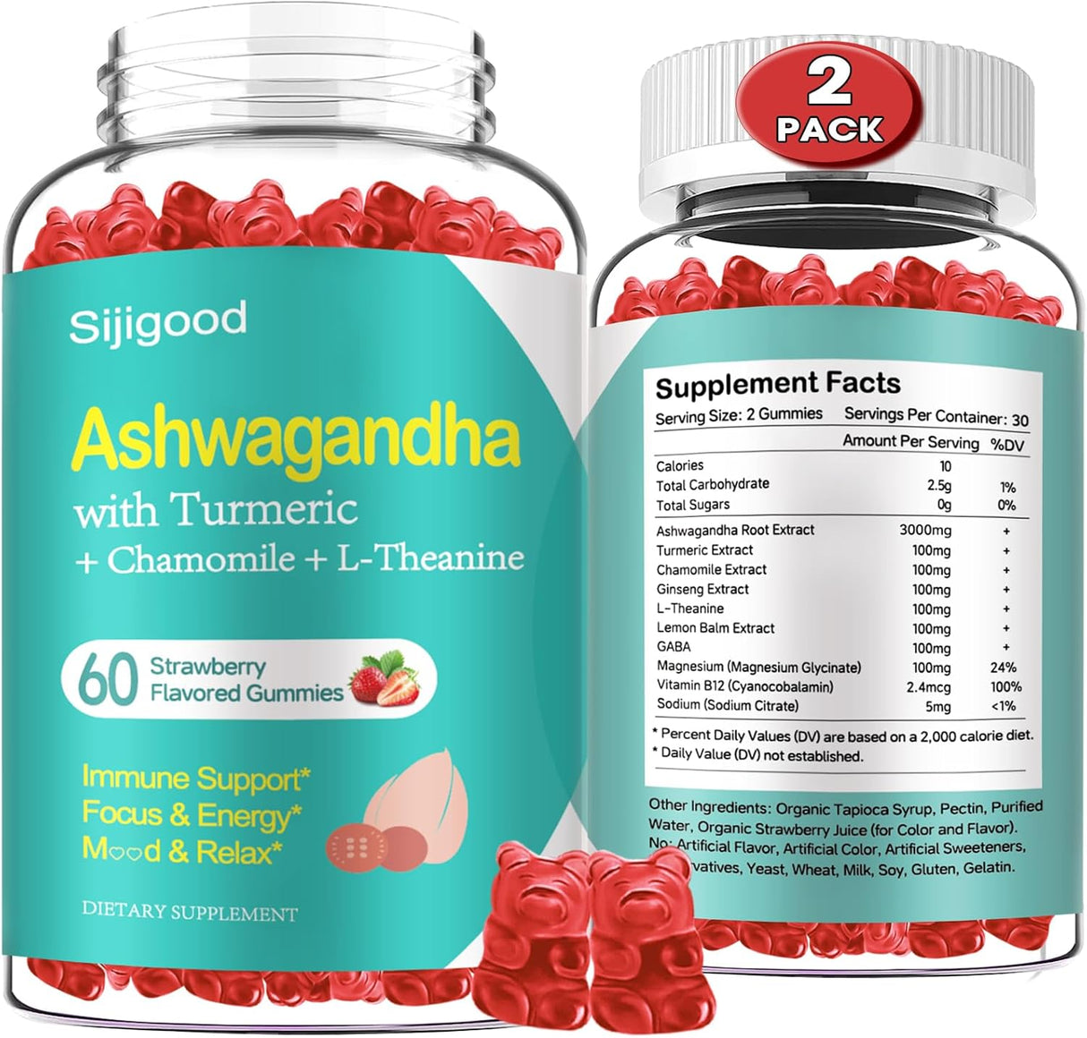 Gomitas Ashwagandha 3000mg con L-theanina - 2 Paquetes 120 Uds