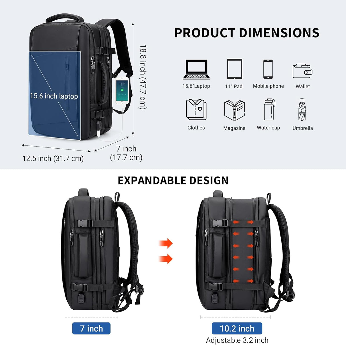 Mochila de viaje para laptop y puerto USB resistente al agua
