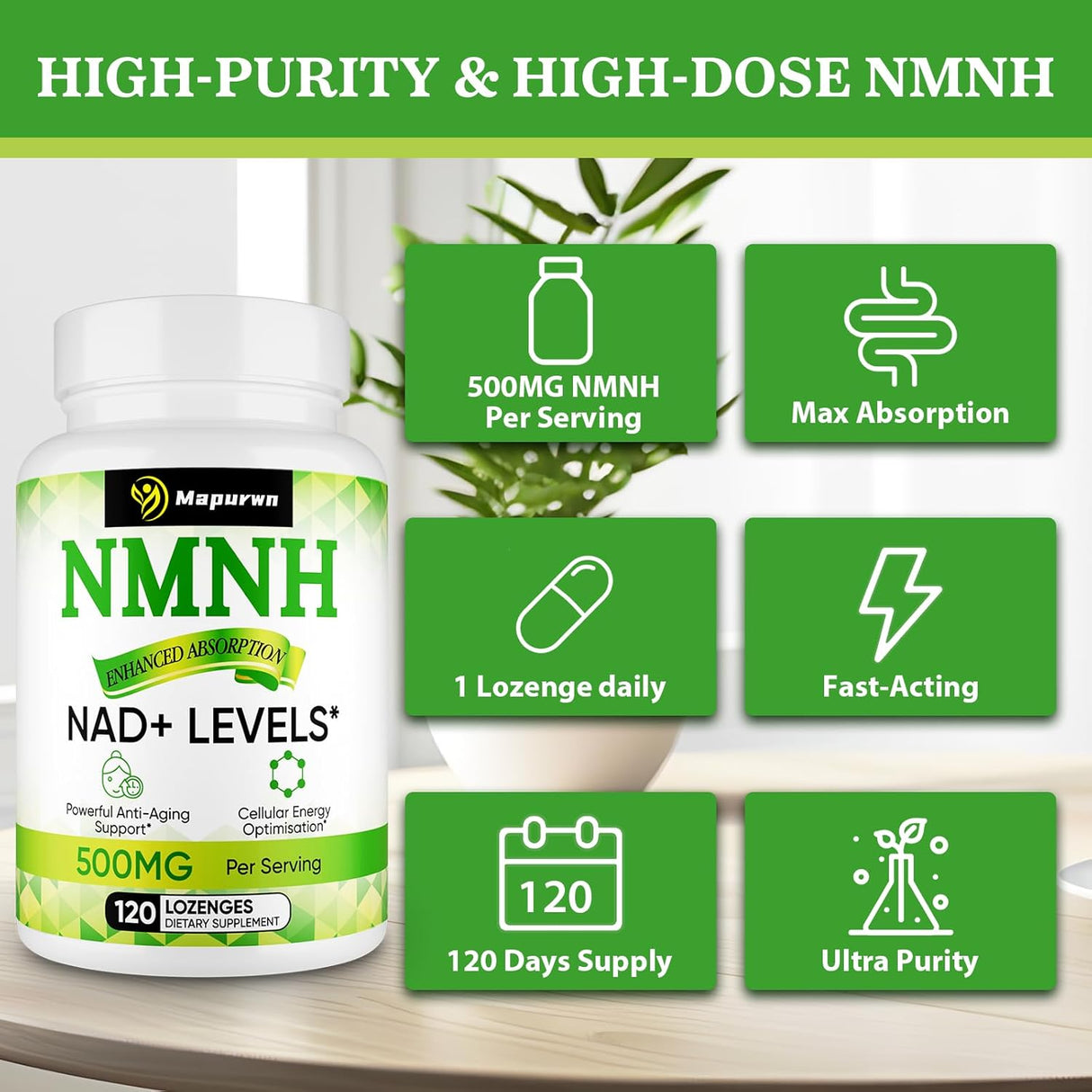Suplemento NMNH 500mg de NMN, Antienvejecimiento, 120 cápsulas