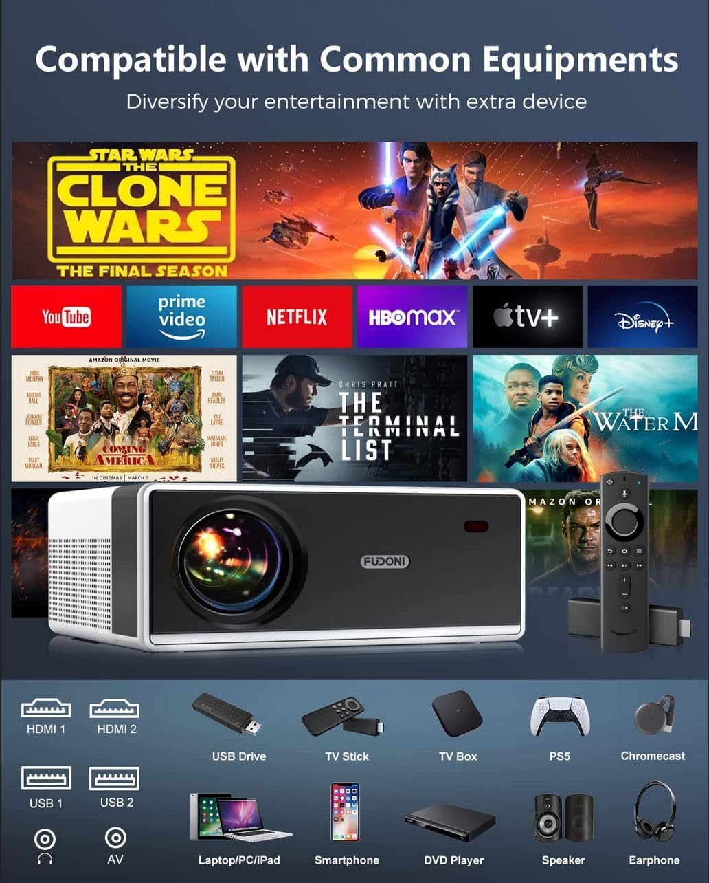 Proyector FUDONI 4K Portátil WiFi Bluetooth 18000L HD 1080P