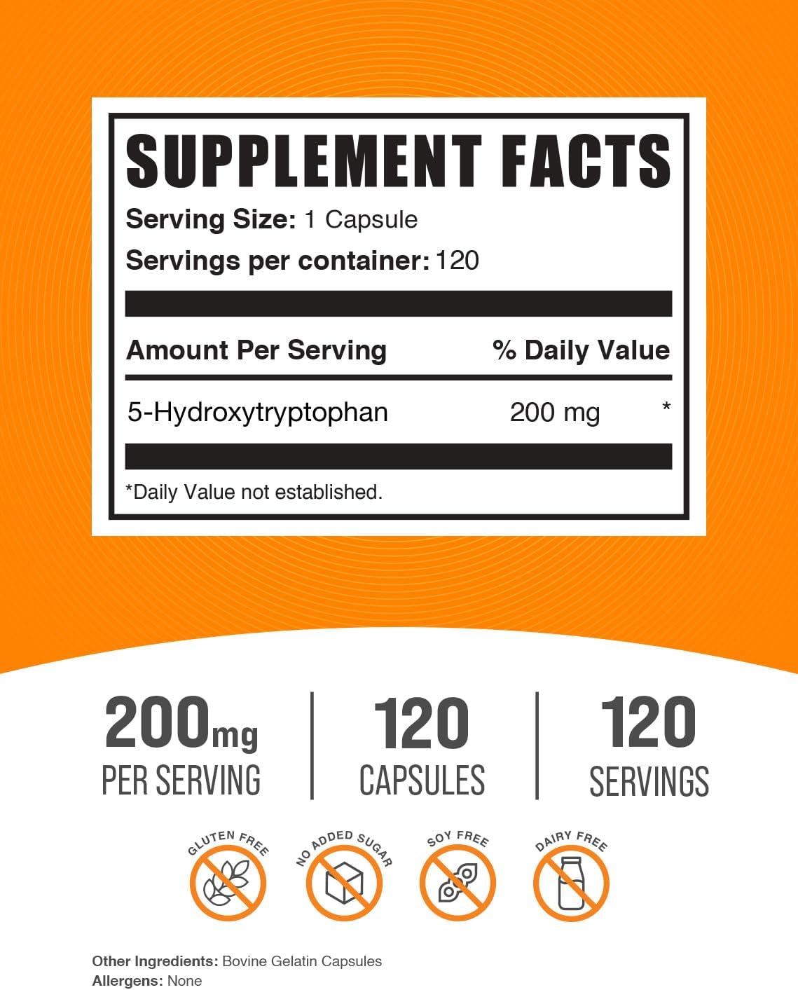 Cápsulas 5-HTP 200mg BulkSupplements, Gluten Free, 120 cápsulas