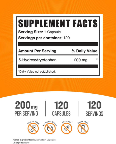 Cápsulas 5-HTP 200mg BulkSupplements, Gluten Free, 120 cápsulas