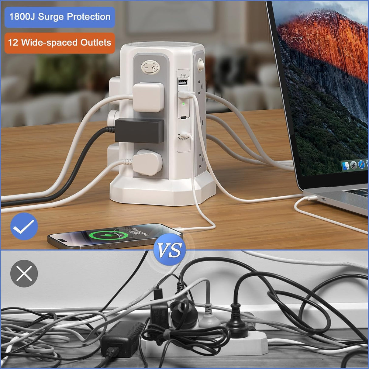 Cable de extensión largo de 10 pies 1625 W | 13 A con múltiples