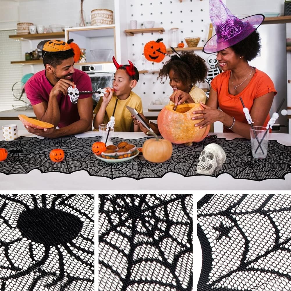 Camino de Mesa Halloween, Encaje Negro, 18 x 72 Pulgadas