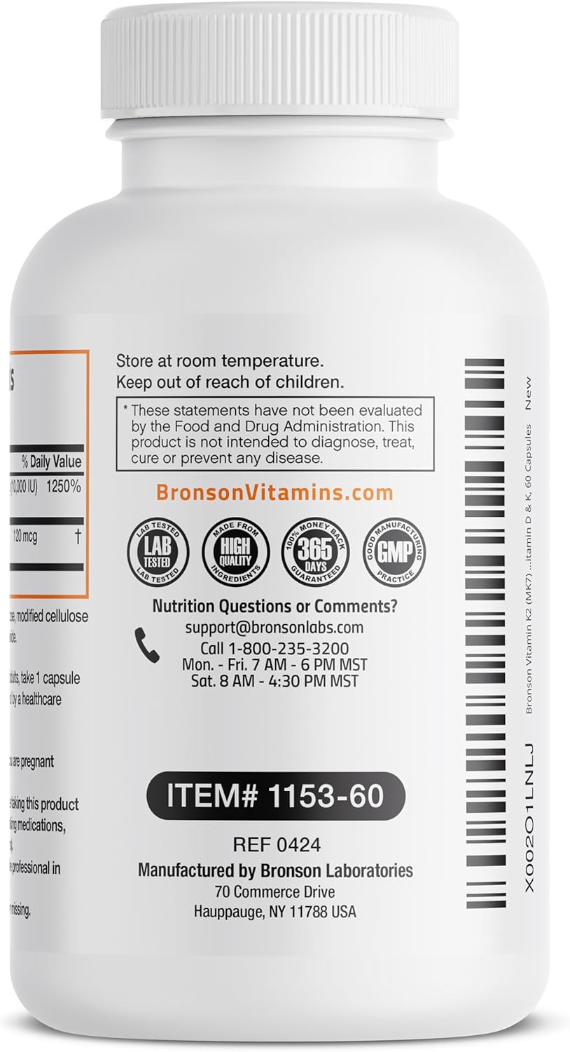 Suplemento K2 (MK7) D3 Bronson, 10,000 IU, 120 mcg, 60 Caps