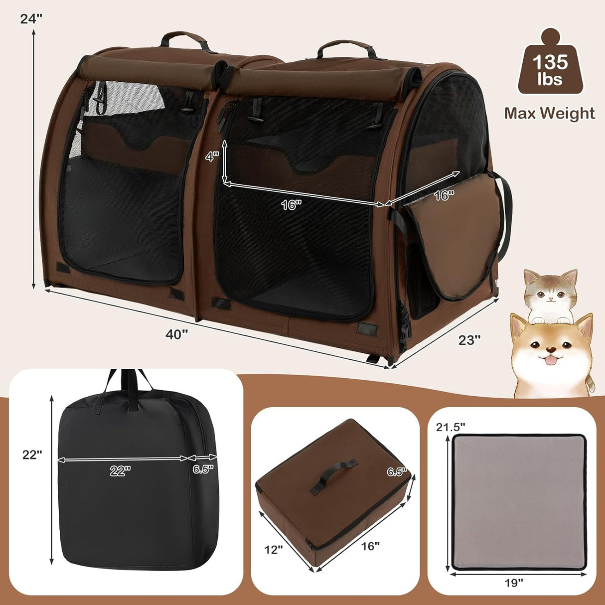 Transportín para gatos PETSITE, 40 pulgadas, doble compartimento